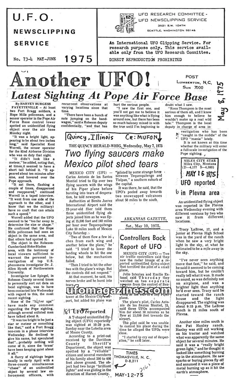 Cover of UFO RESEARCH COMMITTEE issue 73-4: U.F.O. NEWSCLIPPING SERVICE