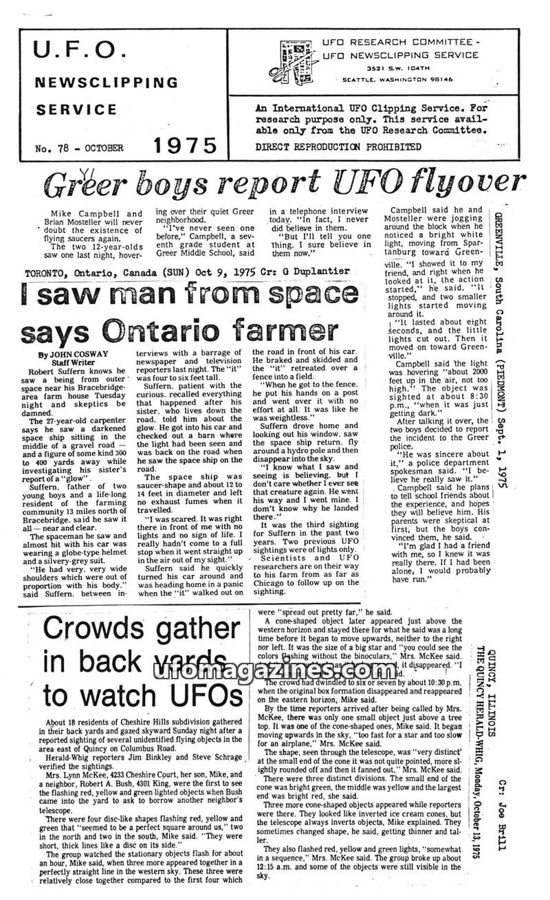 Cover of UFO RESEARCH COMMITTEE issue No. 78: U.F.O. NEWSCLIPPING SERVICE