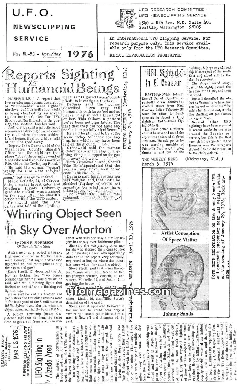 Cover of UFO RESEARCH COMMITTEE issue No. 84-85: U.F.O. NEWSCLIPPING SERVICE
