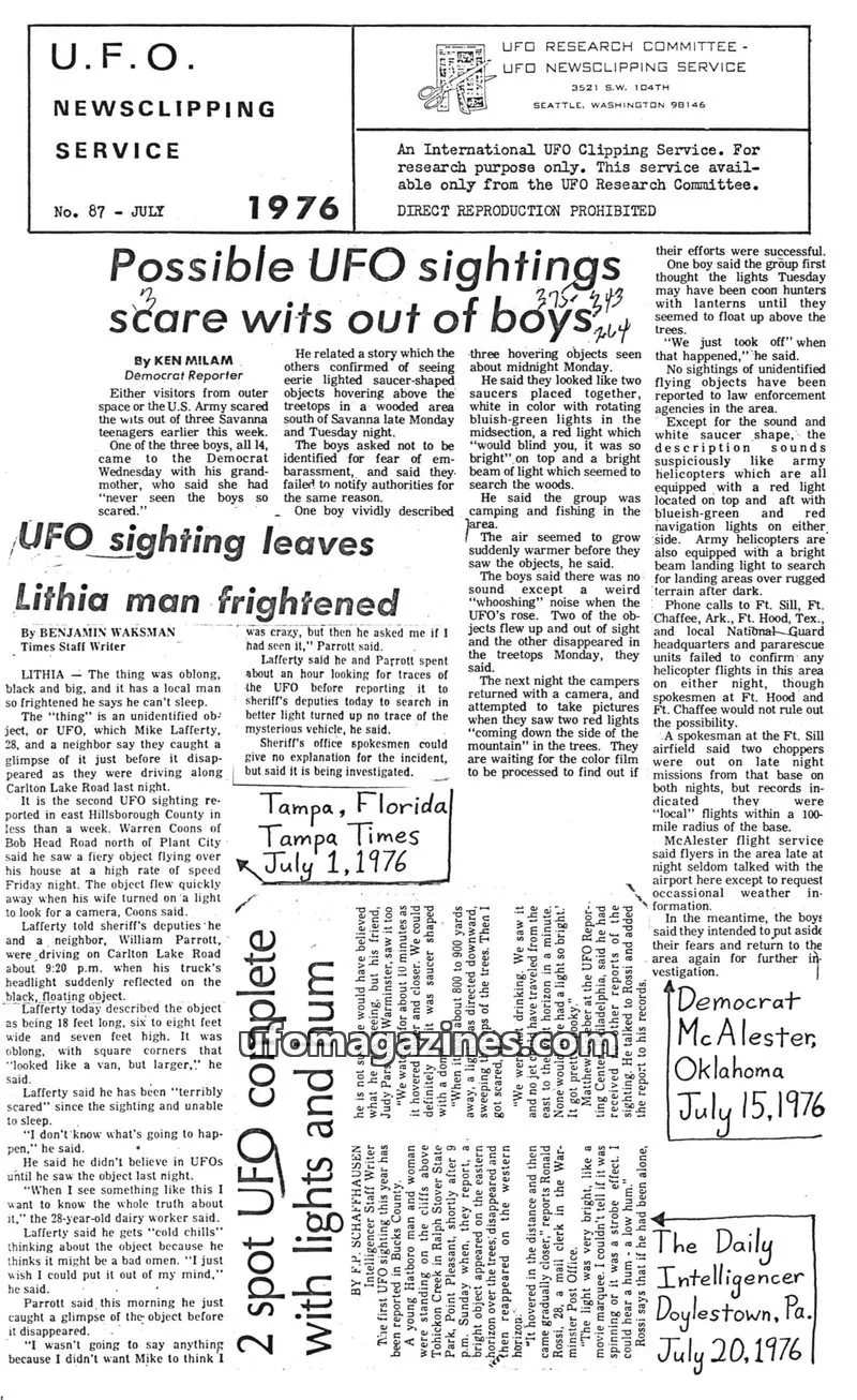 Cover of UFO RESEARCH COMMITTEE issue 87: U.F.O. NEWSCLIPPING SERVICE