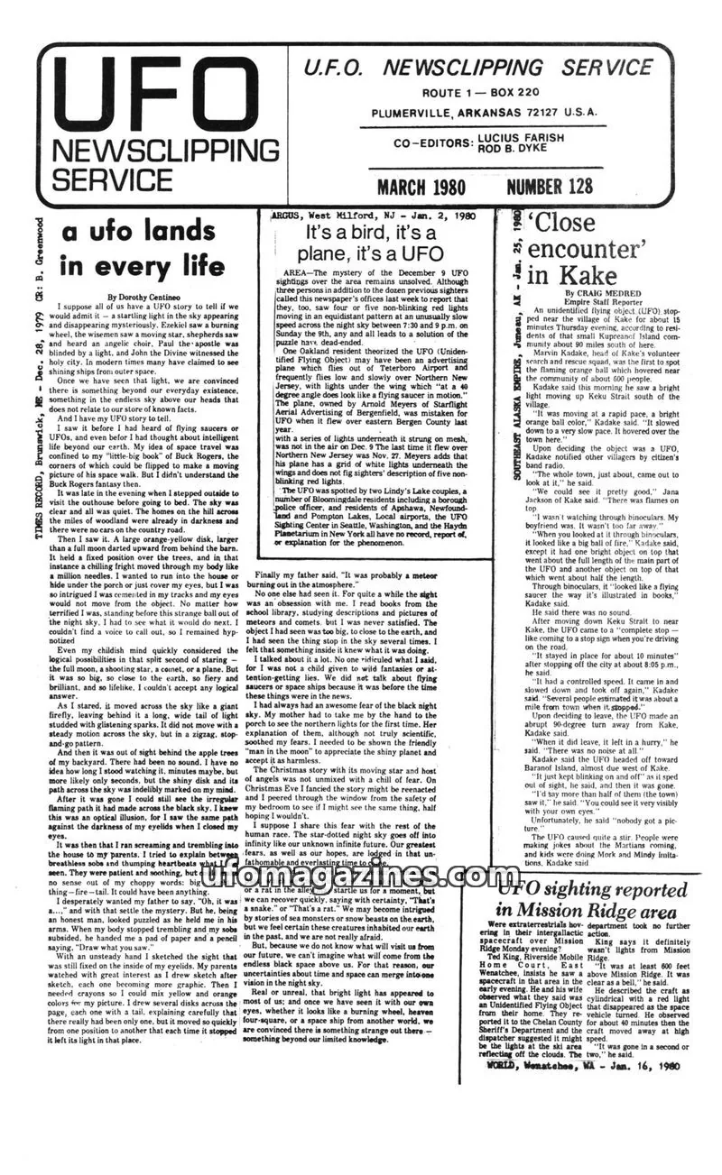 Cover of UFO Newsclipping Service issue March 2, 1980: ARKANSAS DEMOCRAT
