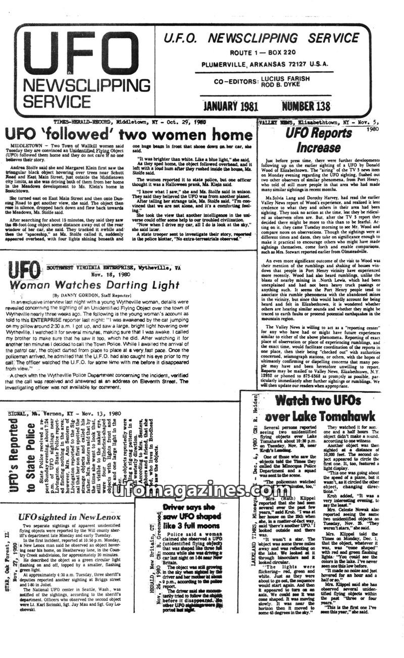 Cover of UFO Newsclipping Service - 1981 01 - no 138