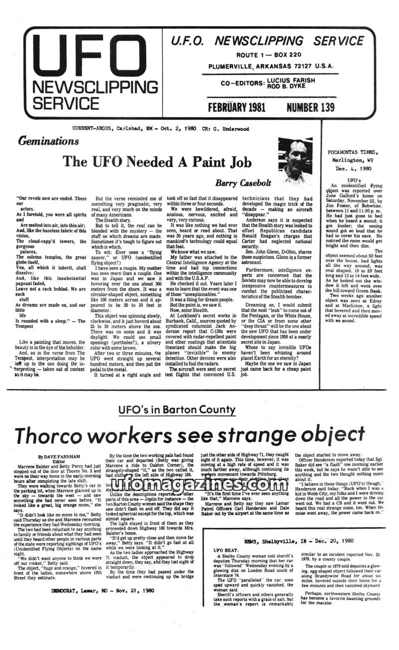Cover of UFO Newsclipping Service issue February 8, 1981: EXAMINER & CHRONICLE