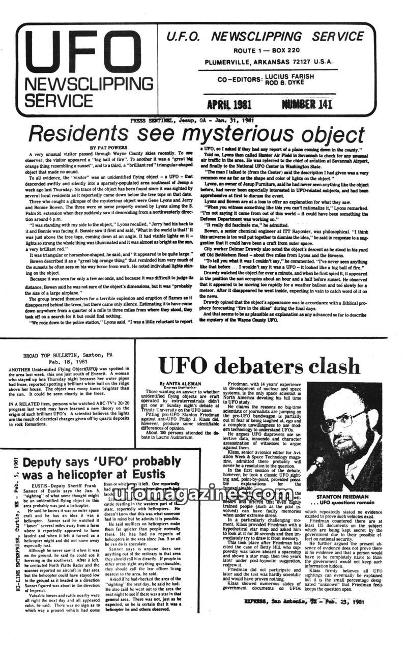 Cover of UFO Newsclipping Service - 1981 04 - no 141