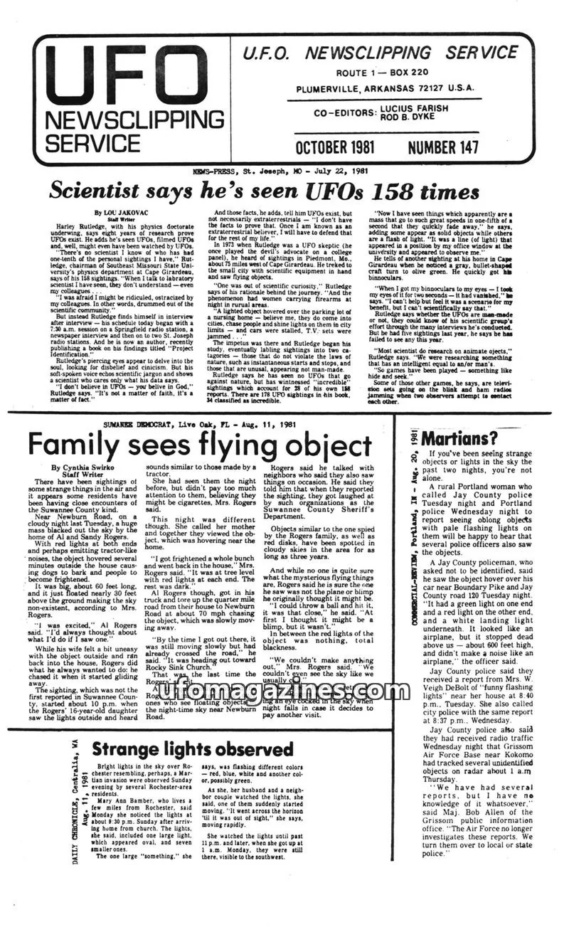Cover of UFO NEWSCLIPPING SERVICE issue 147: U.F.O. NEWSCLIPPING SERVICE