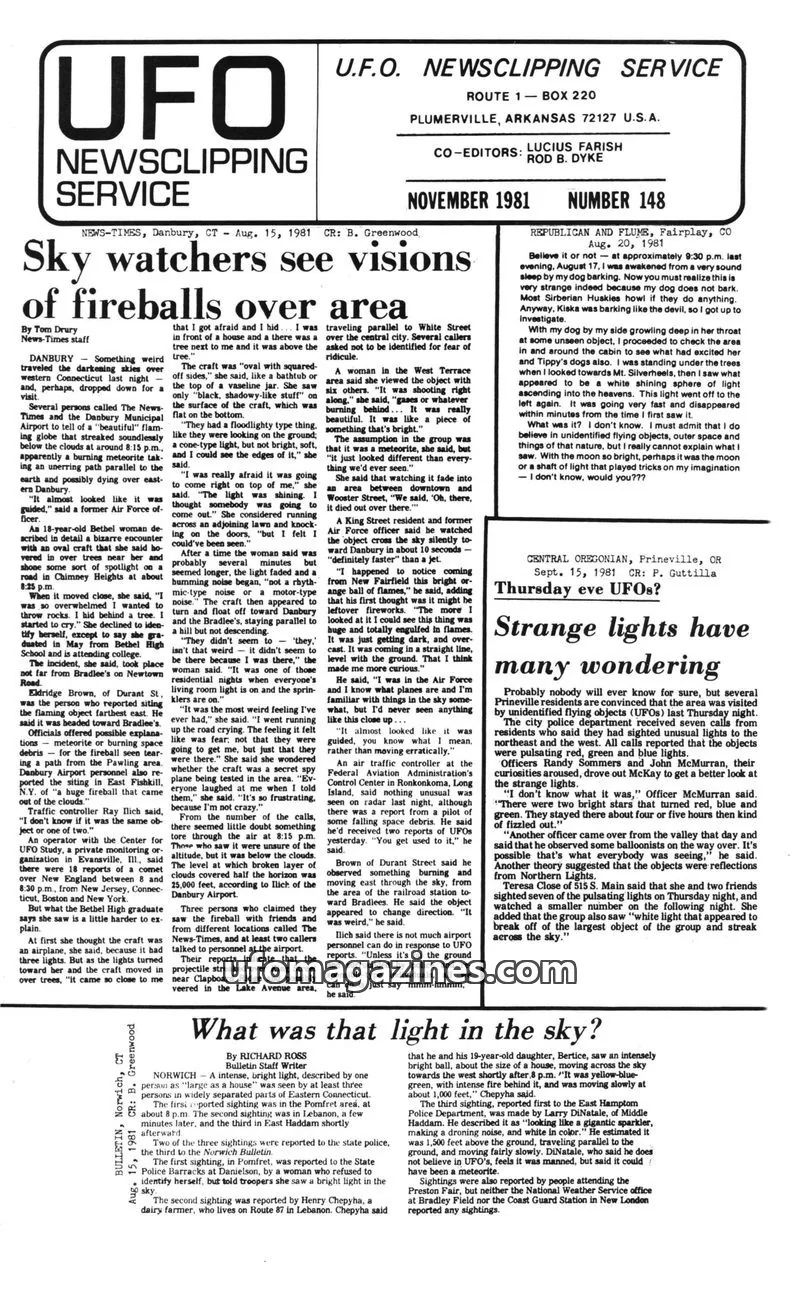 Cover of UFO Newsclipping Service issue Sept. 25, 1981: Chronicle