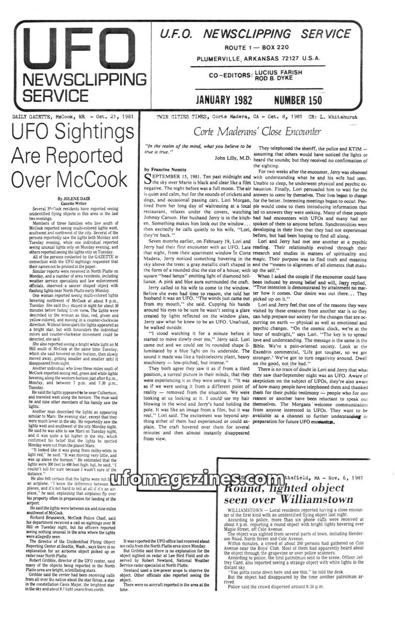 Cover of UFO Newsclipping Service - 1982 01 - no 150