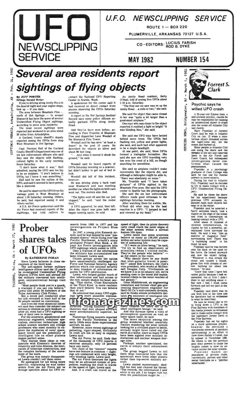 Cover of UFO Newsclipping Service - 1982 05 - no 154