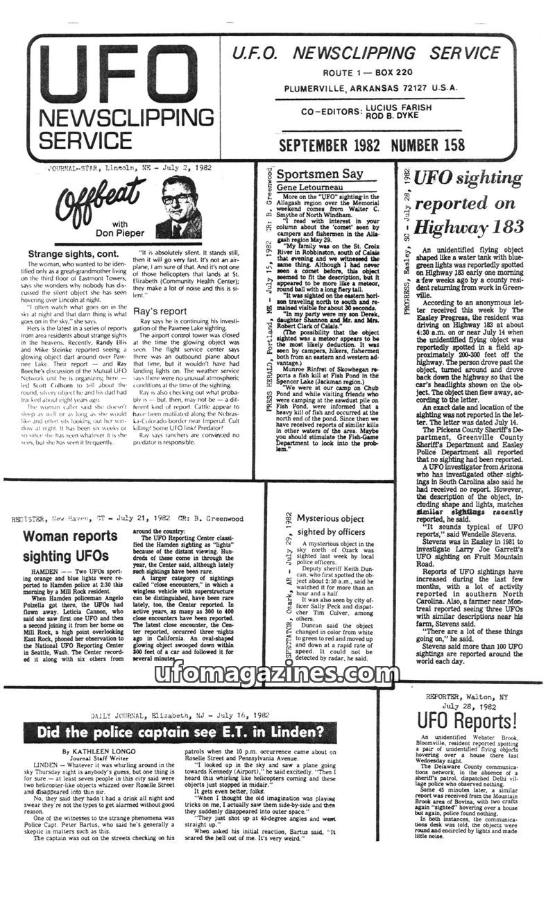 Cover of UFO Newsclipping Service - 1982 09 - no 158
