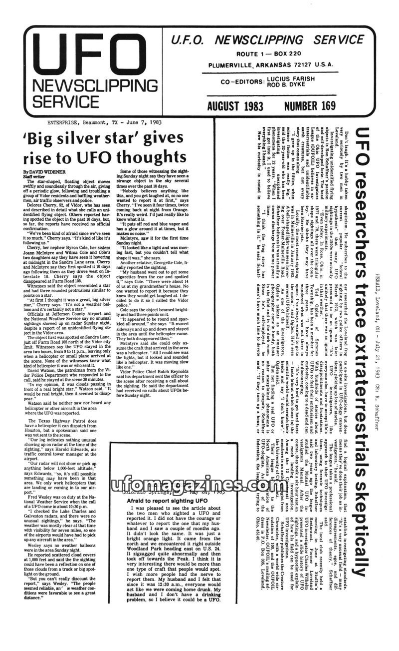 Cover of UFO Newsclipping Service - 1983 08 - no 169