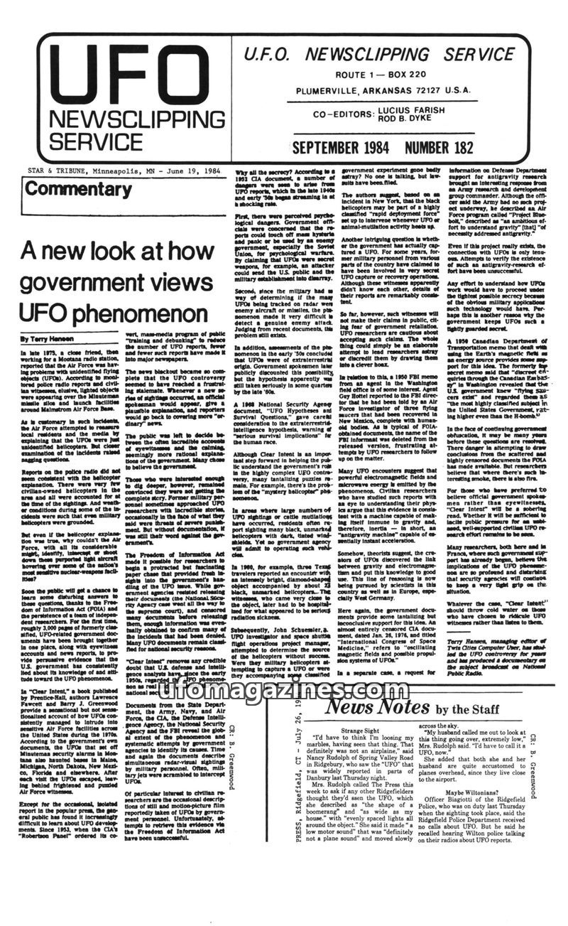 Cover of UFO Newsclipping Service - 1984 09 - no 182