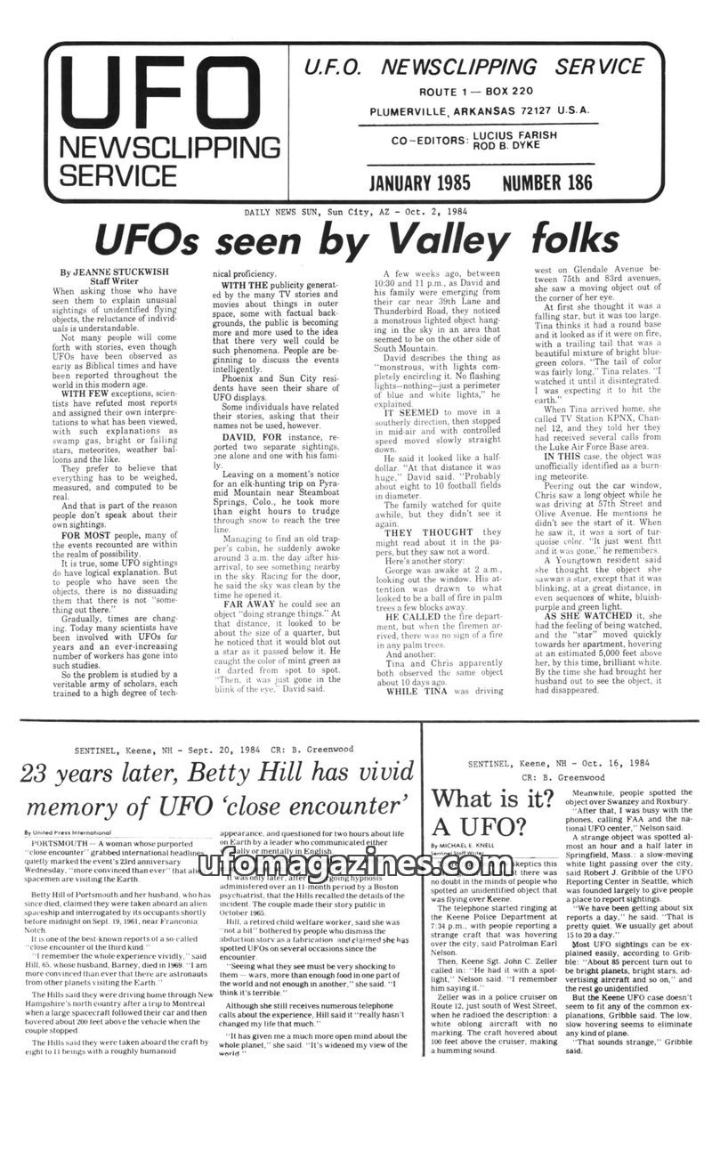 Cover of UFO Newsclipping Service - 1985 01 - no 186