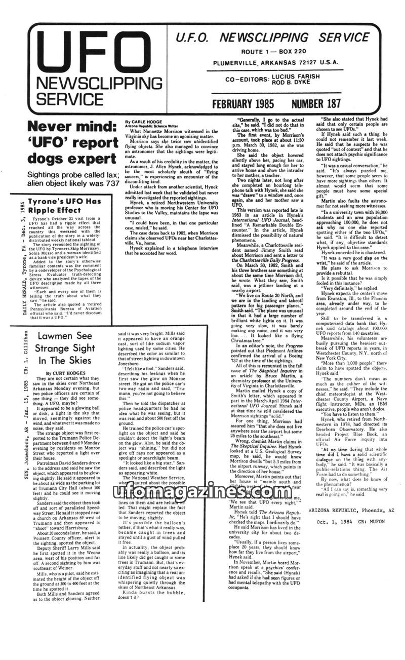 Cover of UFO Newsclipping Service - 1985 02 - no 187