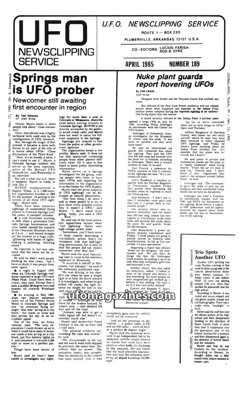 Cover of UFO Newsclipping Service - 1985 04 - no 189