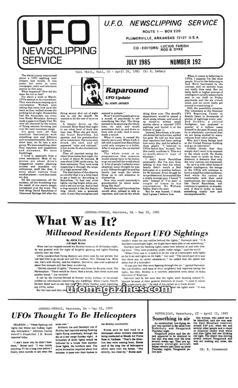 Cover of UFO Newsclipping Service - 1985 07 - no 192