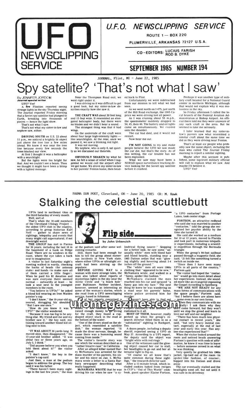 Cover of UFO Newsclipping Service - 1985 09 - no 194