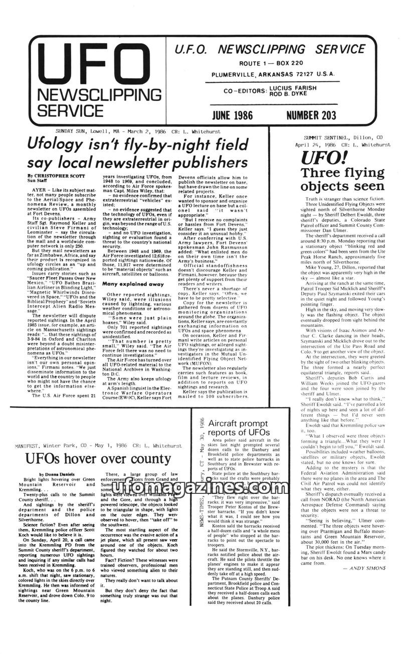 Cover of UFO Newsclipping Service - 1986 06 - no 203