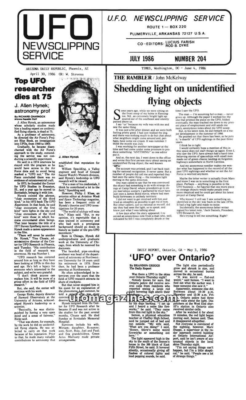 Cover of UFO Newsclipping Service - 1986 07 - no 204