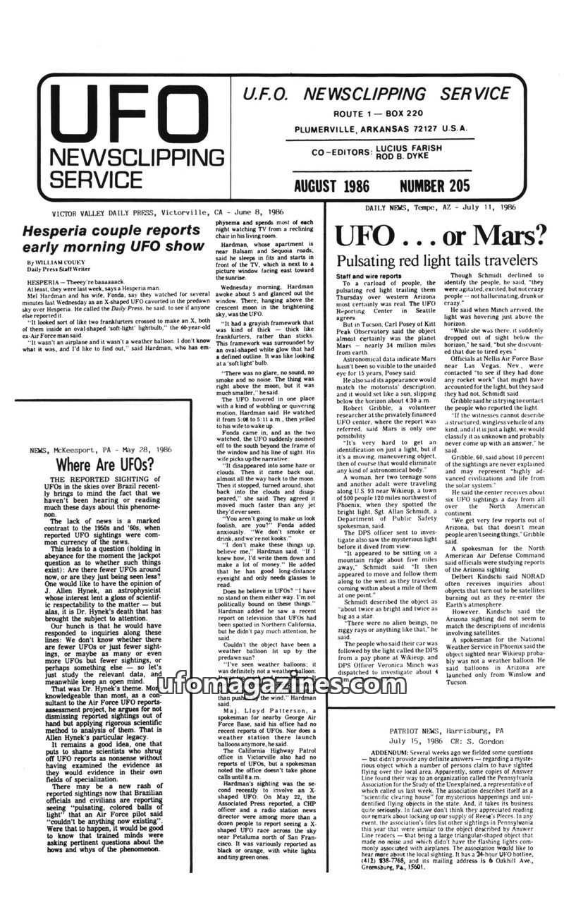 Cover of UFO Newsclipping Service - 1986 08 - no 205