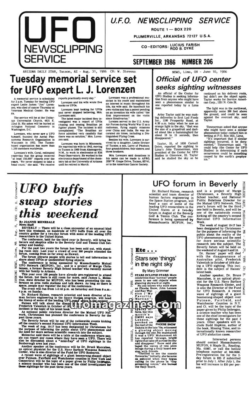 Cover of U.F.O. NEWSCLIPPING SERVICE issue NUMBER 206: U.F.O. NEWSCLIPPING SERVICE
