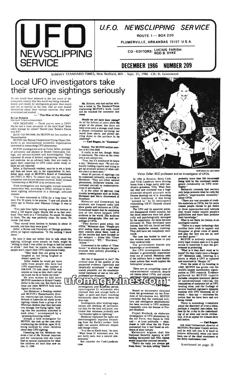 Cover of UFO Newsclipping Service - 1986 12 - no 209