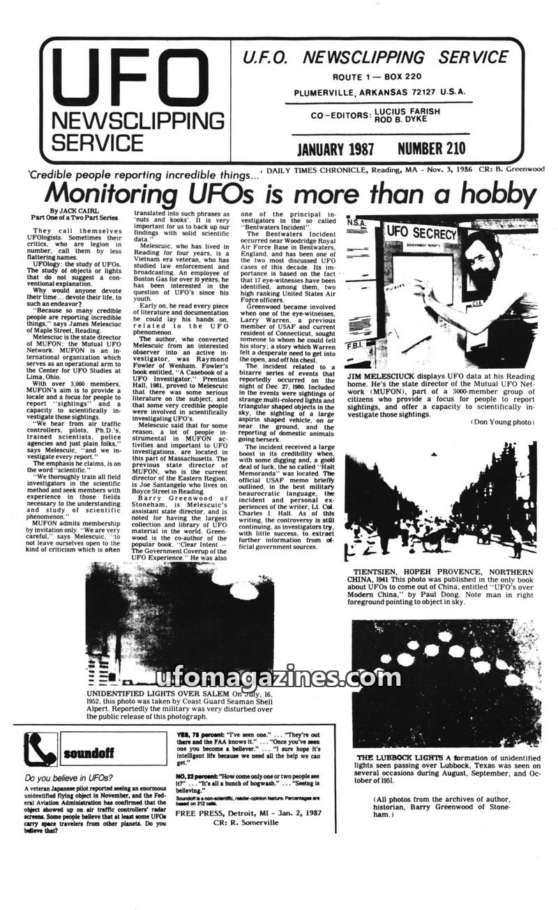 Cover of UFO Newsclipping Service - 1987 01 - no 210