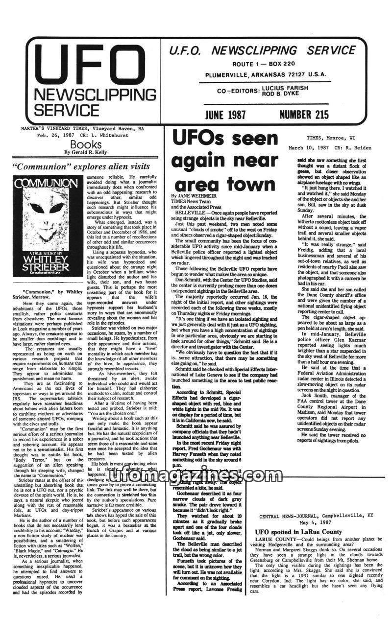 Cover of UFO Newsclipping Service - 1987 06 - no 215