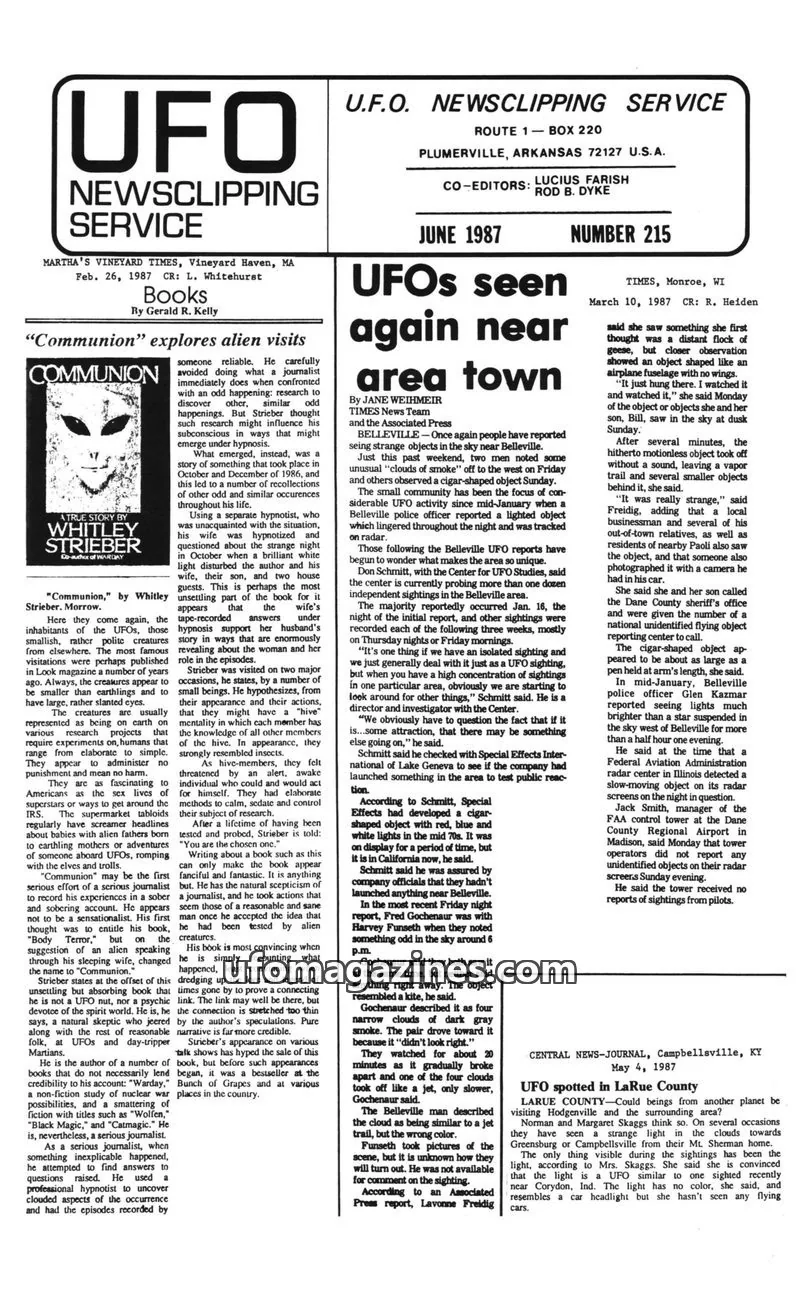 Cover of U.F.O. NEWSCLIPPING SERVICE issue JUNE 1987: UFO NEWSCLIPPING SERVICE