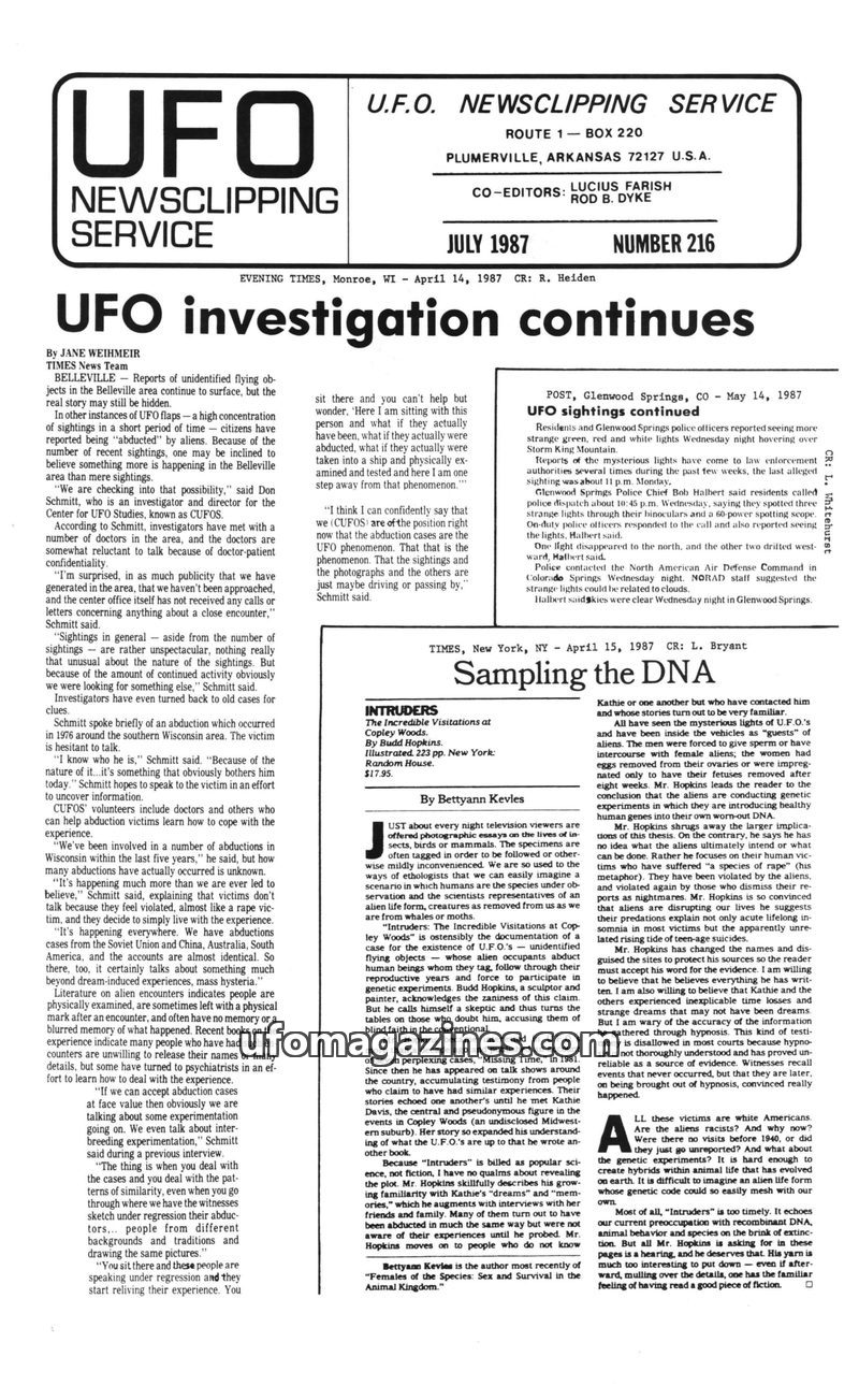 Cover of UFO Newsclipping Service - 1987 07 - no 216