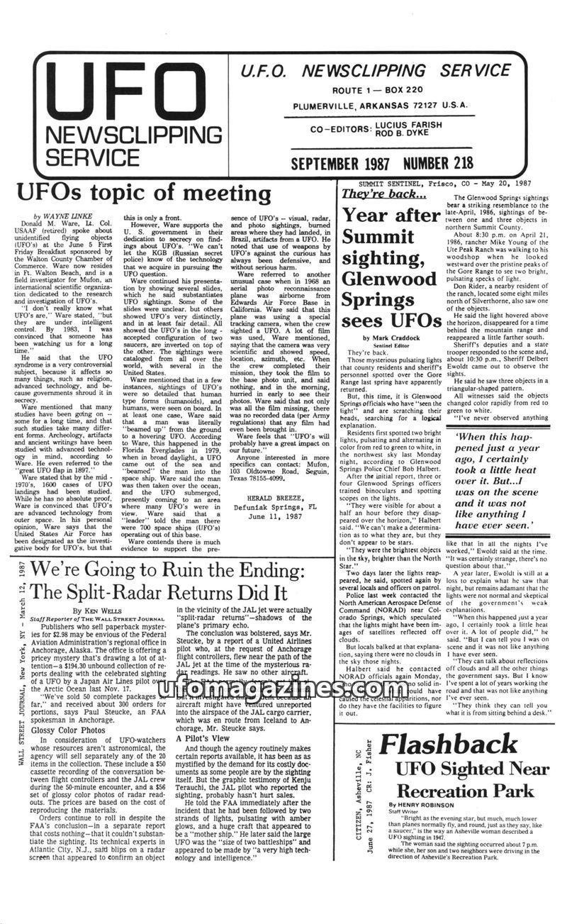 Cover of UFO Newsclipping Service - 1987 09 - no 218