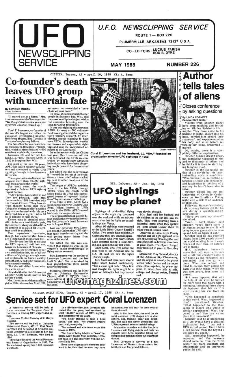 Cover of U.F.O. NEWSCLIPPING SERVICE issue NUMBER 226: UFO NEWSCLIPPING SERVICE