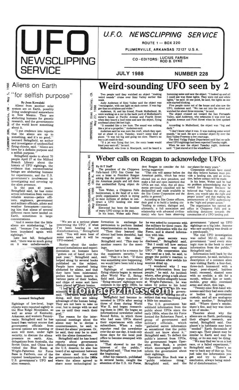 Cover of UFO Newsclipping Service - 1988 07 - no 228