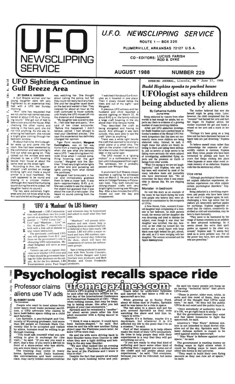 Cover of UFO Newsclipping Service - 1988 08 - no 229
