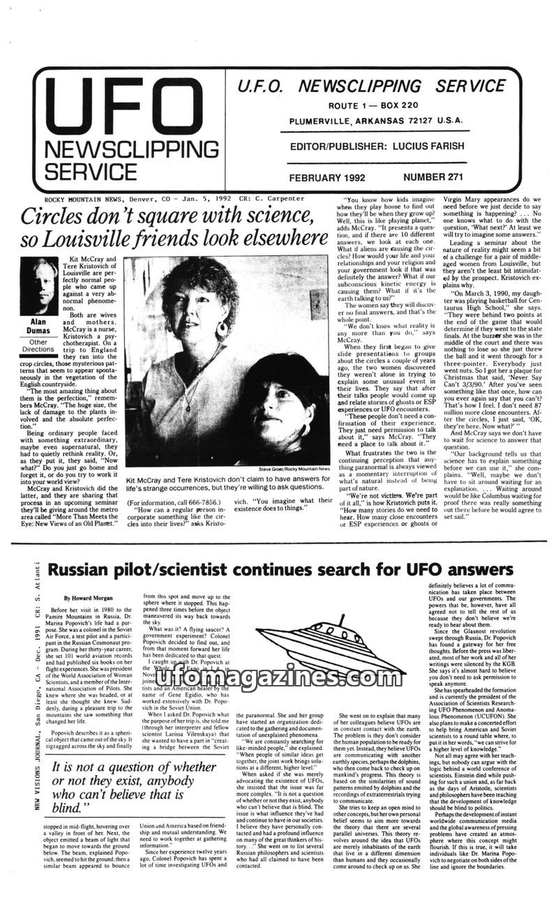 Cover of UFO Newsclipping Service - 1992 02 - no 271