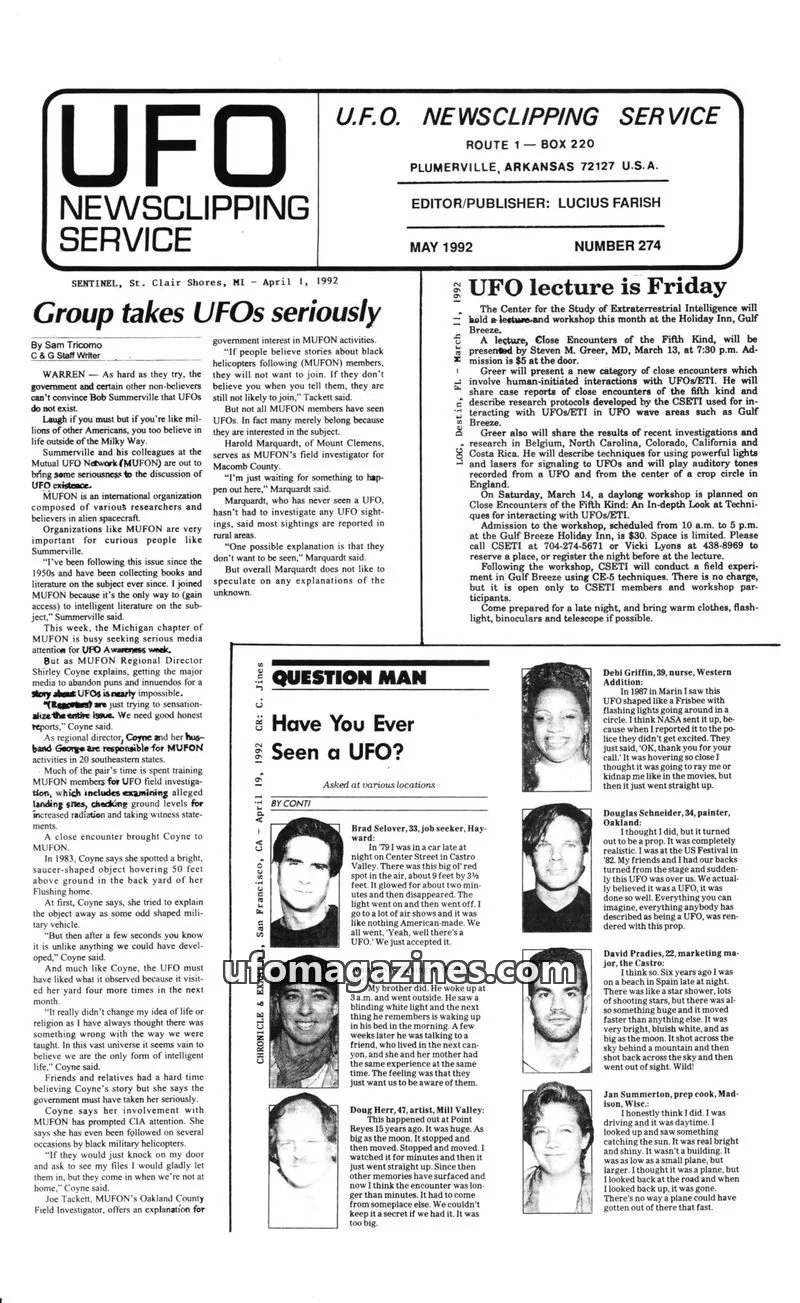 Cover of U.F.O. NEWSCLIPPING SERVICE issue MAY 1992: UFO NEWSCLIPPING SERVICE