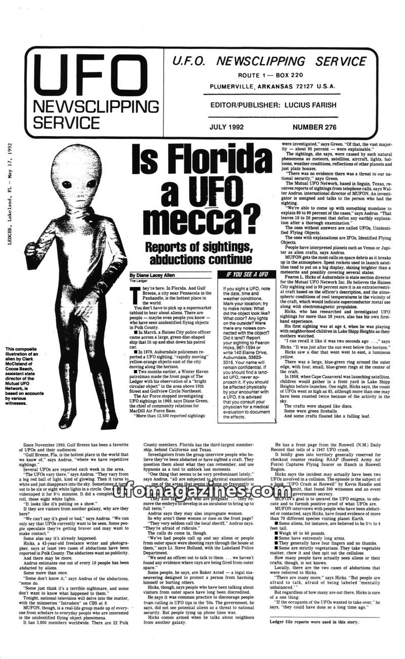 Cover of UFO Newsclipping Service - 1992 07 - no 276