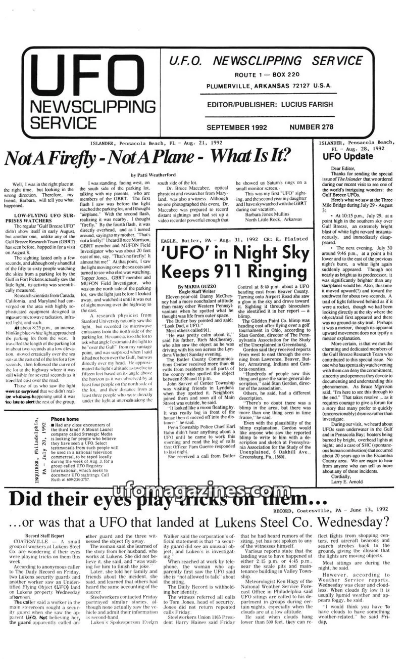 Cover of U.F.O. NEWSCLIPPING SERVICE issue SEPTEMBER 1992: UFO NEWSCLIPPING SERVICE