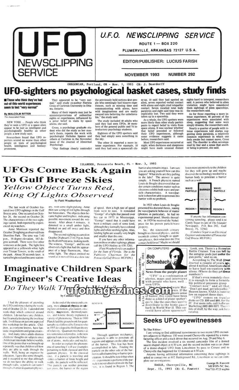 Cover of UFO Newsclipping Service - 1993 11 - no 292