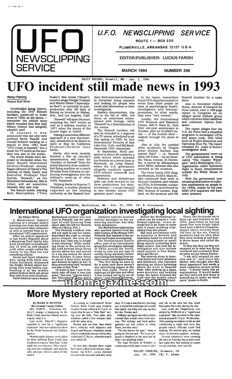 Cover of UFO Newsclipping Service - 1994 03 - no 296