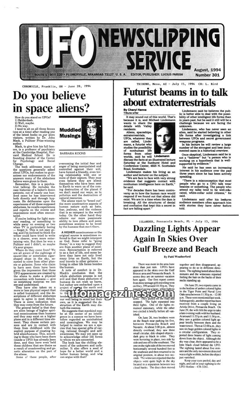 Cover of UFO Newsclipping Service - 1994 08 - no 301