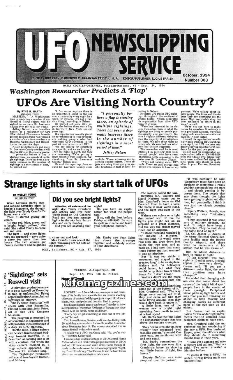 Cover of UFO Newsclipping Service issue October, 1994 Number 303: UFO NEWSCLIPPING SERVICE