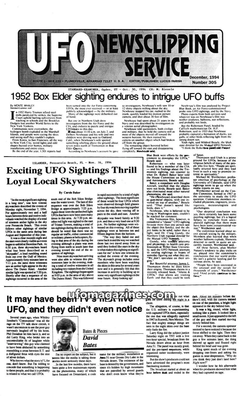 Cover of UFO Newsclipping Service issue Sept. 21, 1994: SENTINEL