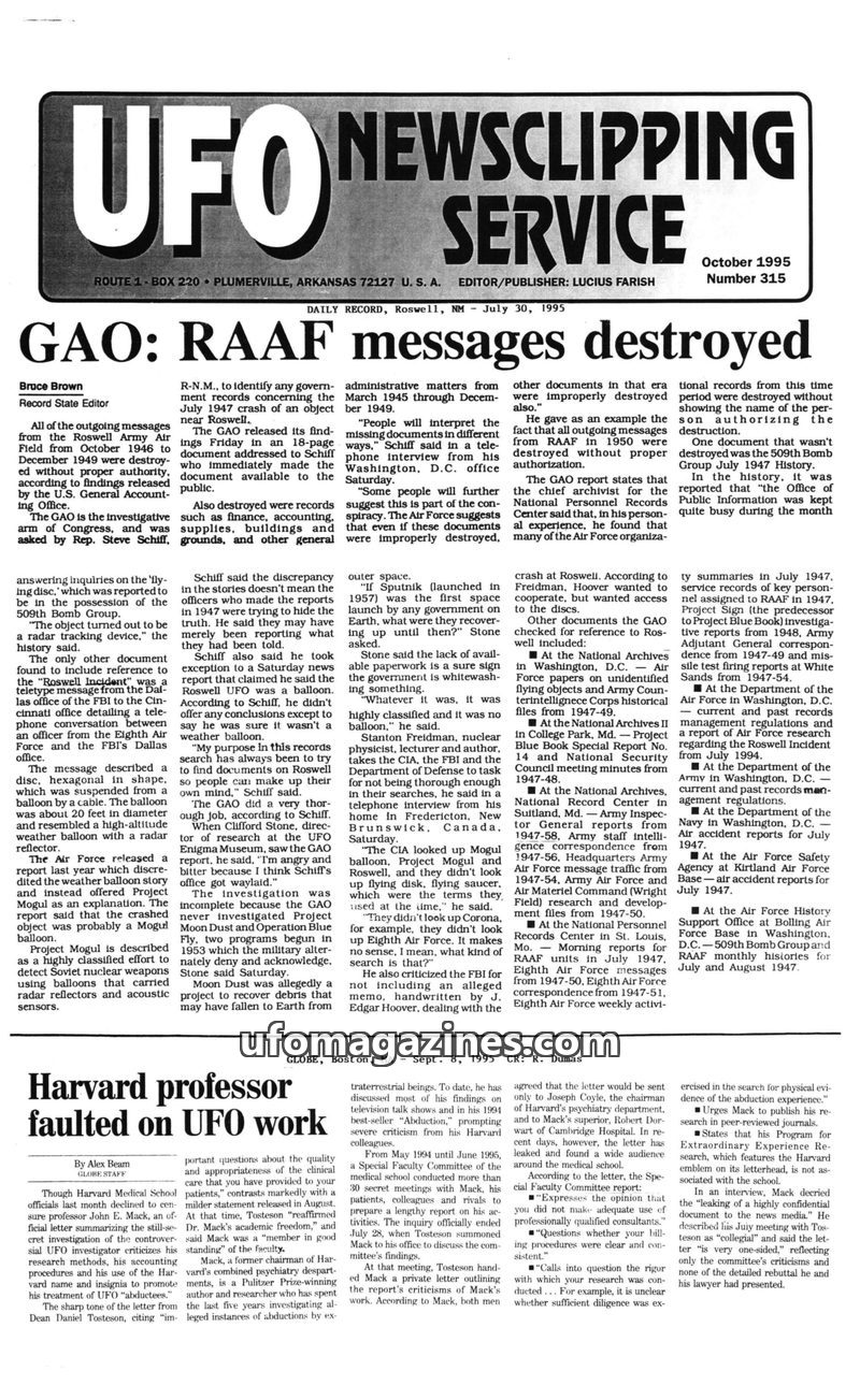 Cover of UFO Newsclipping Service - 1995 10 - no 315