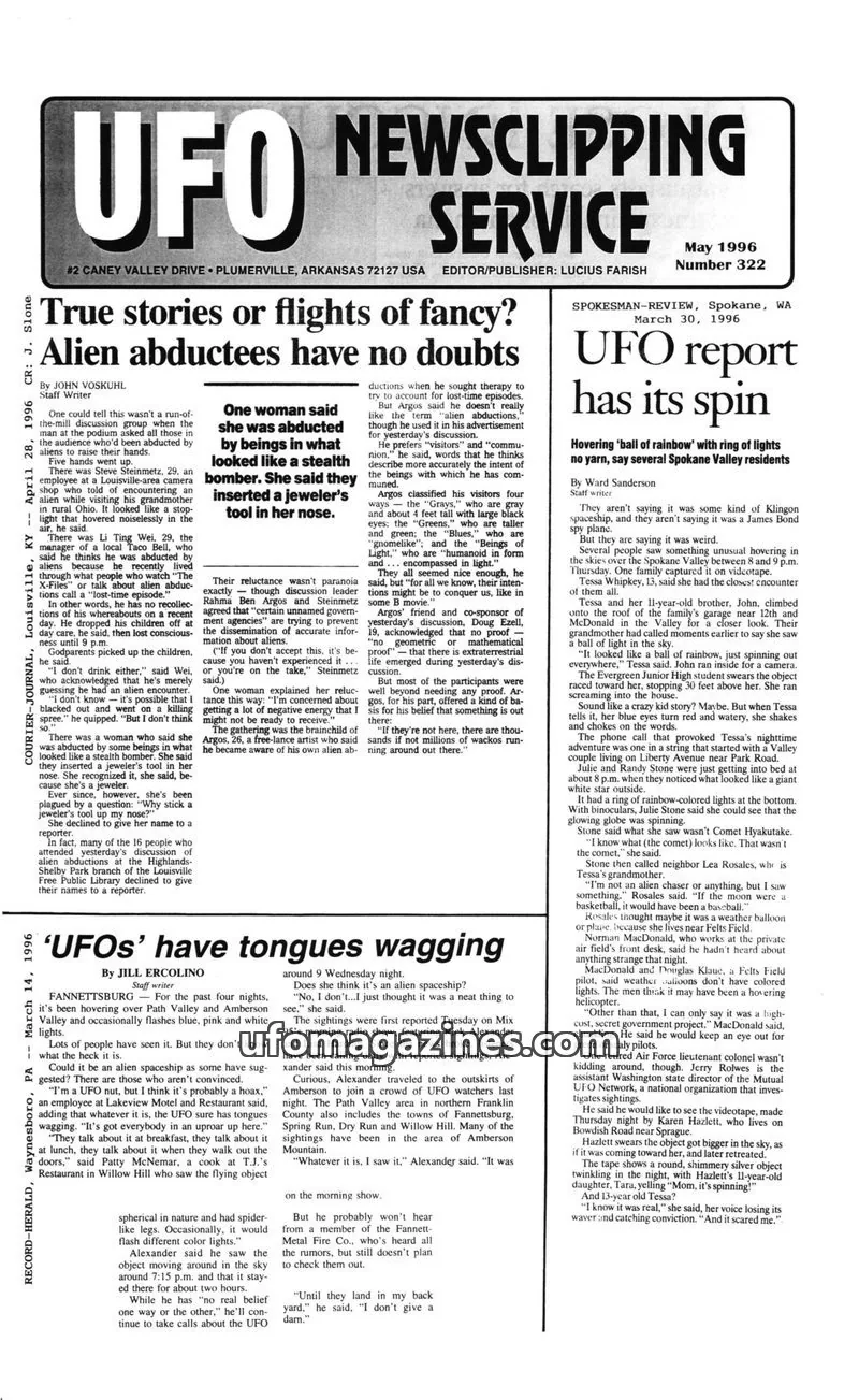 Cover of UFO Newsclipping Service issue Number 322: UFO NEWSCLIPPING SERVICE