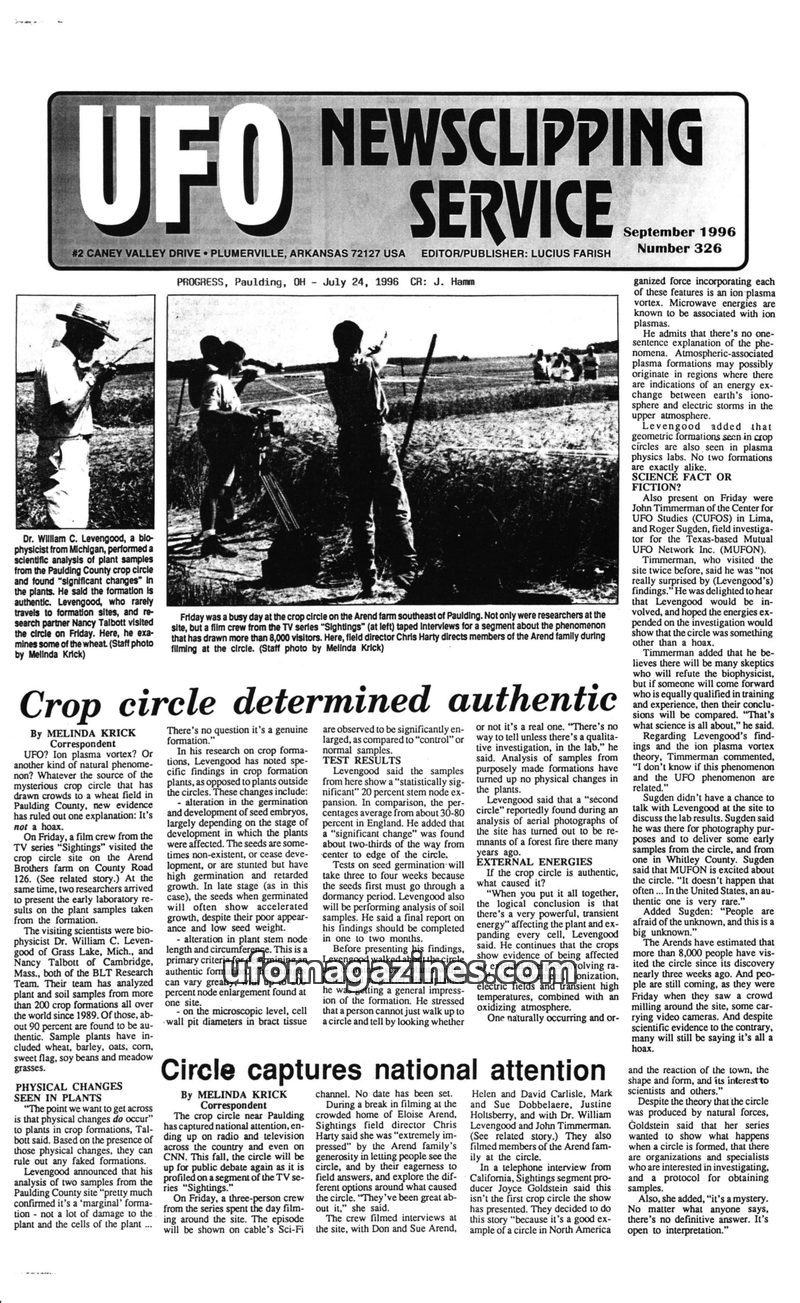 Cover of UFO Newsclipping Service - 1996 09 - no 326