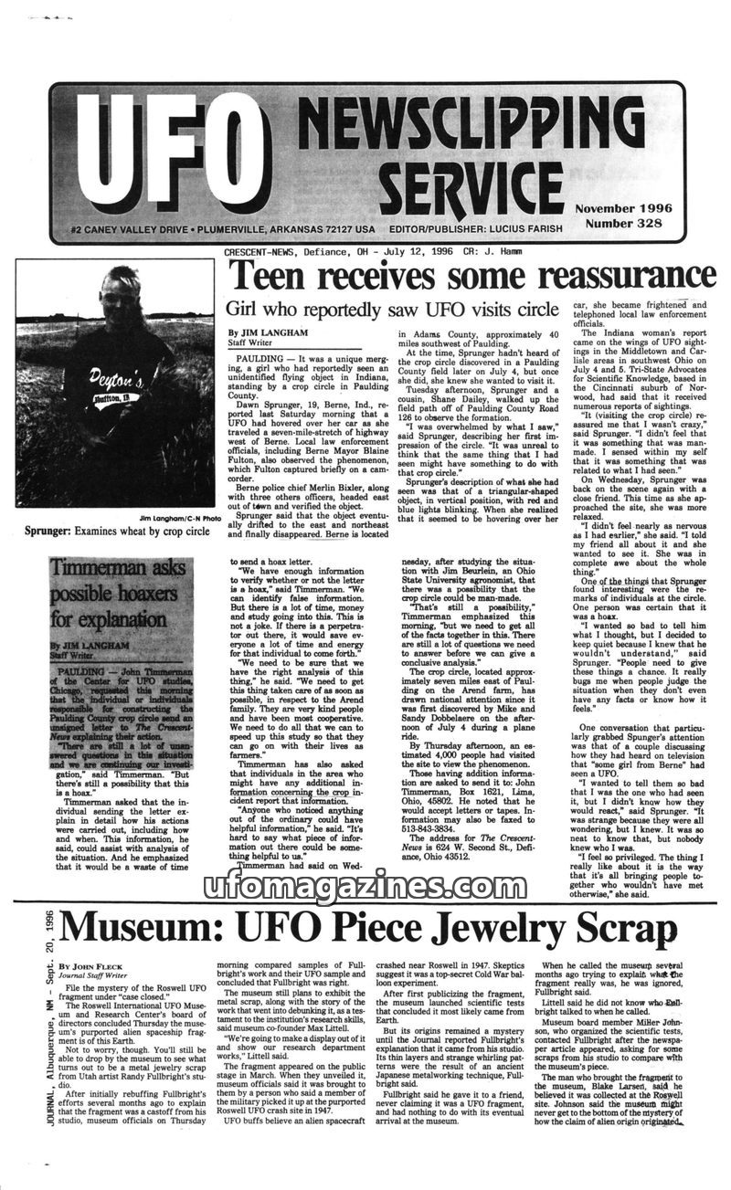 Cover of UFO Newsclipping Service - 1996 11 - no 328