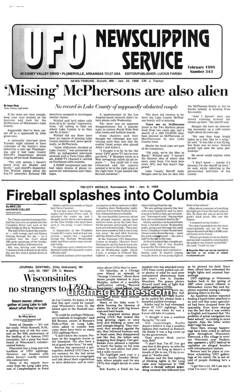 Cover of UFO Newsclipping Service - 1998 02 - no 343
