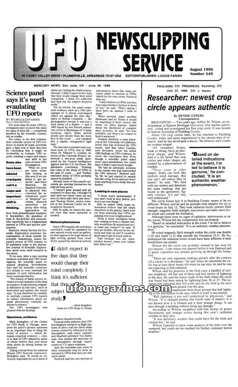 Cover of UFO Newsclipping Service issue August 1998 Number 349: UFO NEWSCLIPPING SERVICE