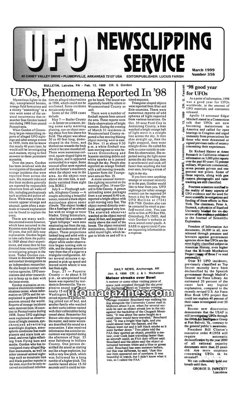 Cover of UFO Newsclipping Service issue March 1999: UFO NEWSCLIPPING SERVICE