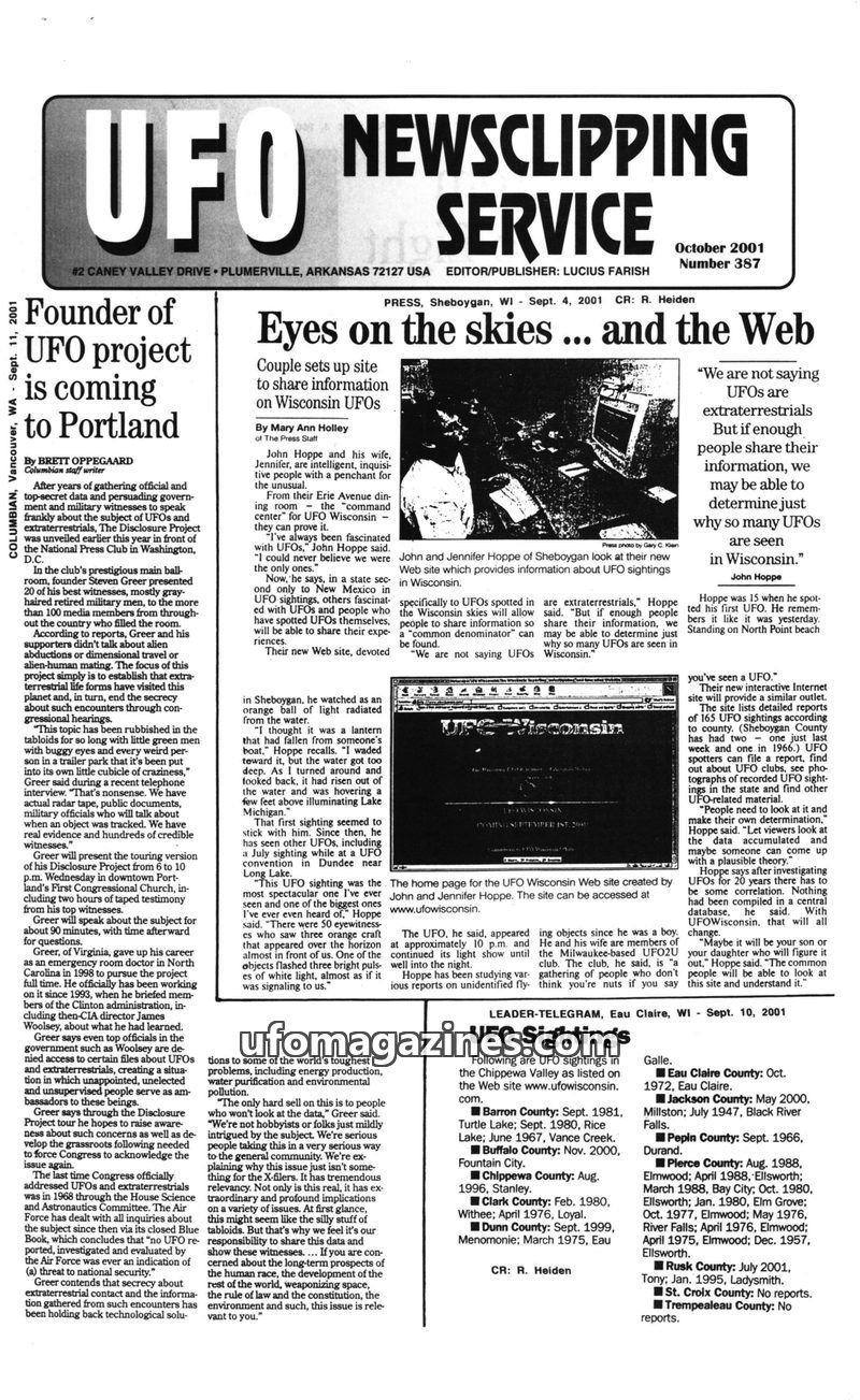 Cover of UFO Newsclipping Service - 2001 10 - no 387